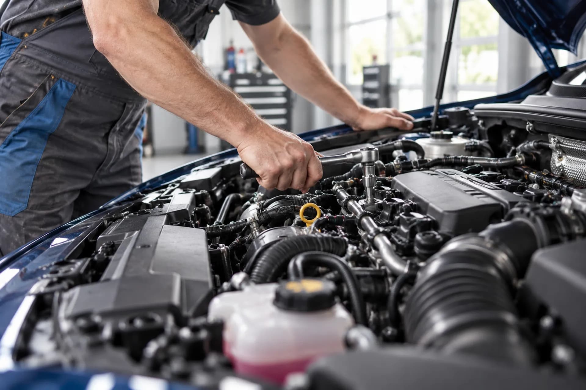 A close-up of an engine bay and a mechanic's hand