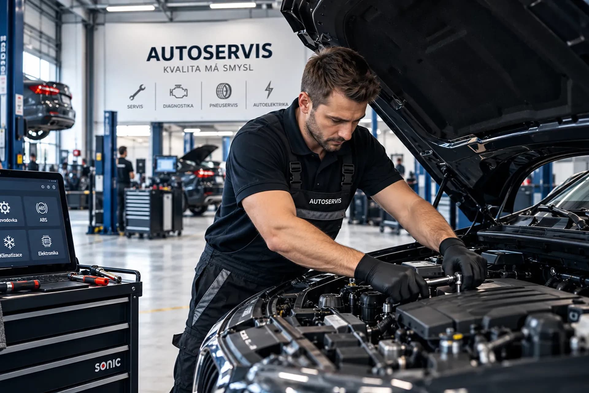 A mechanic over an open engine bay with a diagnostic laptop