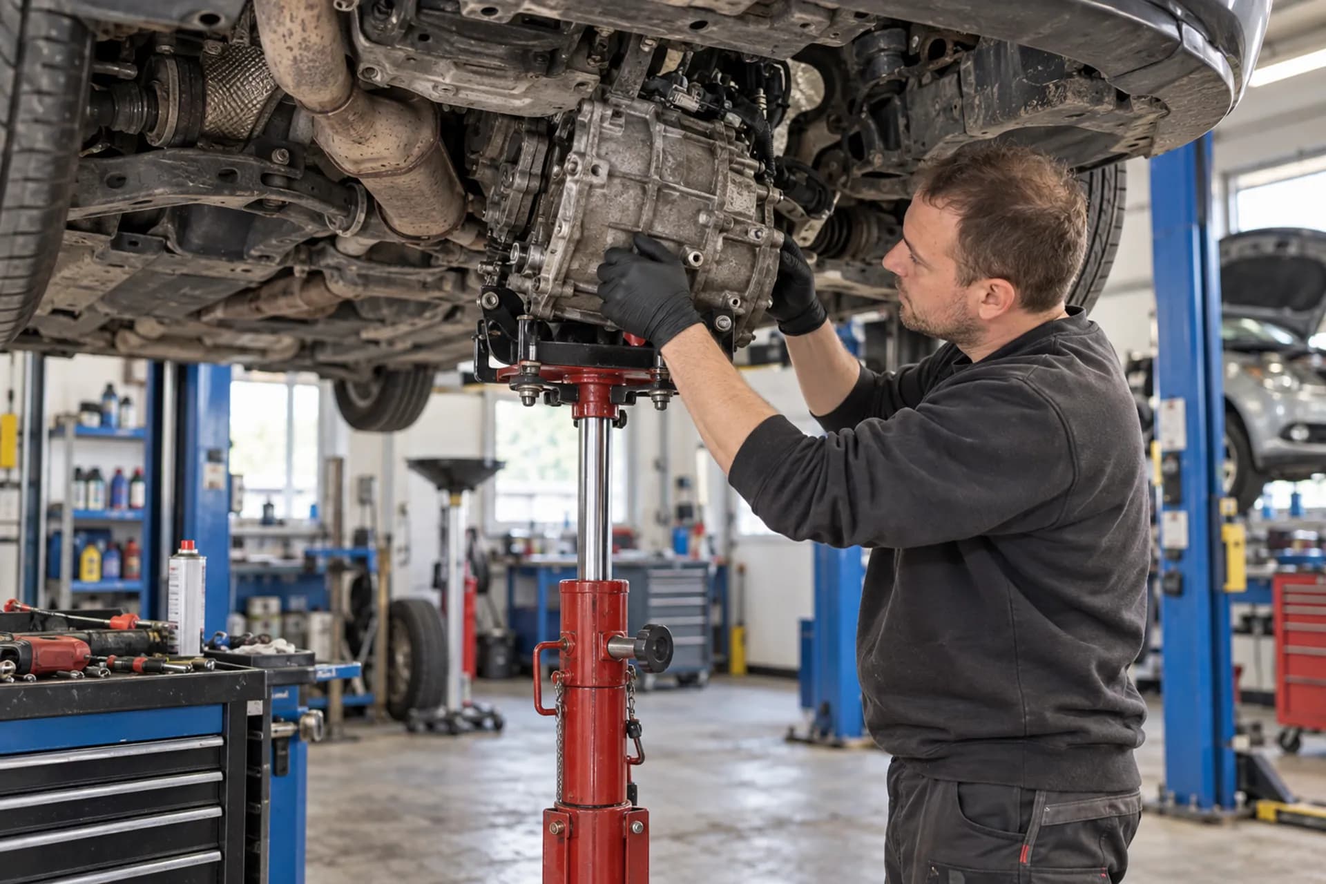 A mechanic working on the transmission of a car on a lift