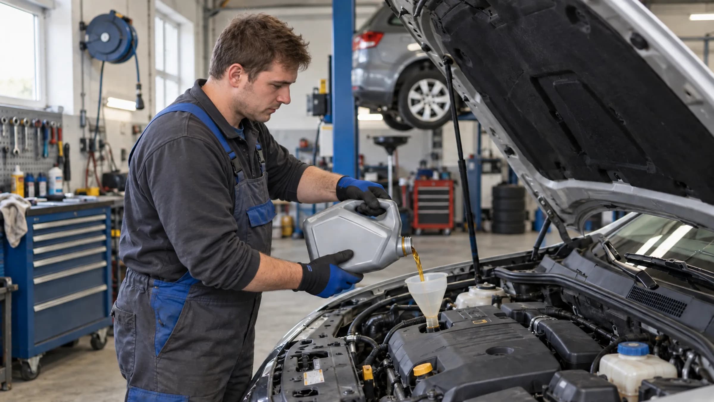 A mechanic adding engine oil to an engine