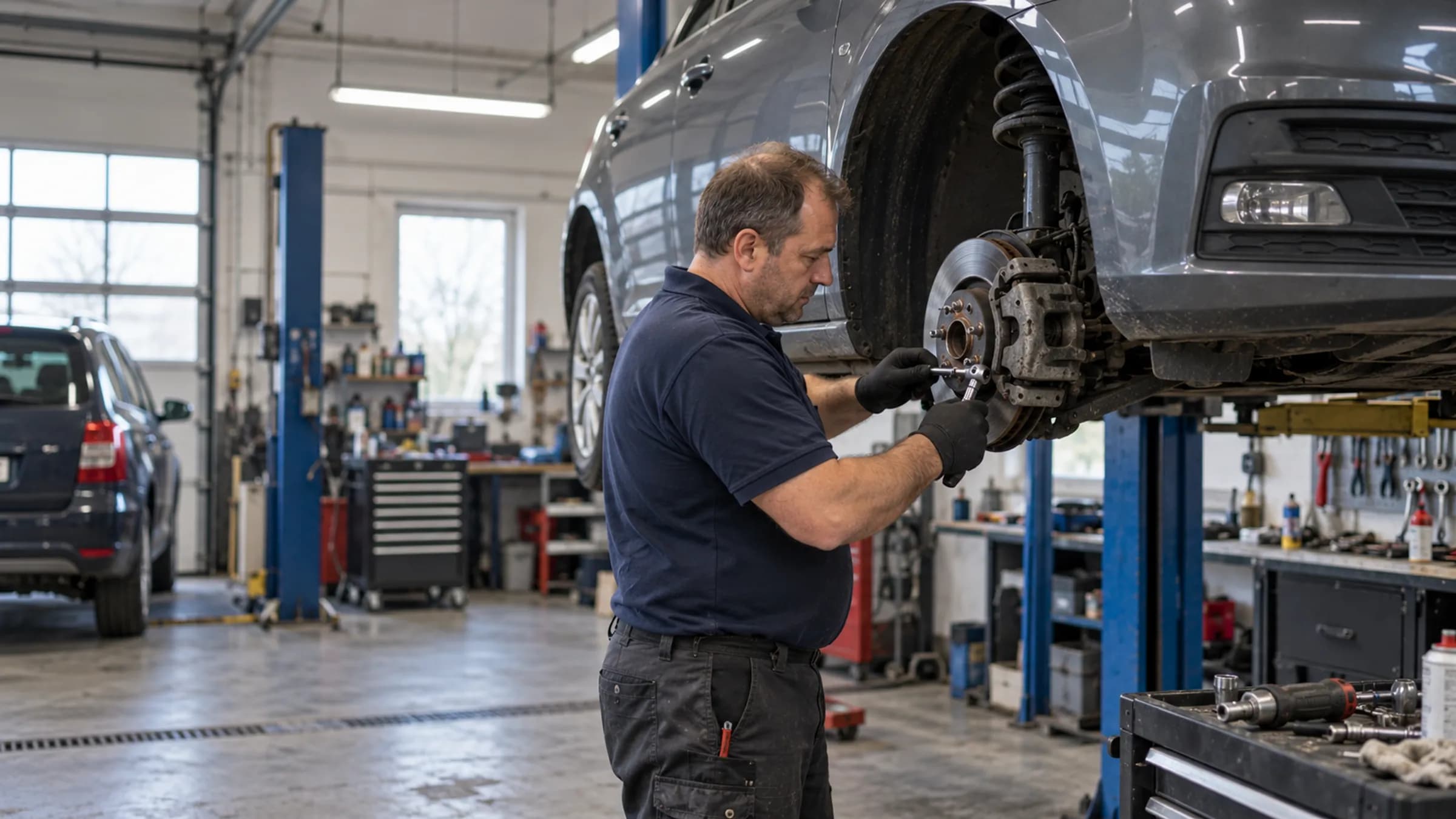 A mechanic checking a brake rotor on a raised car