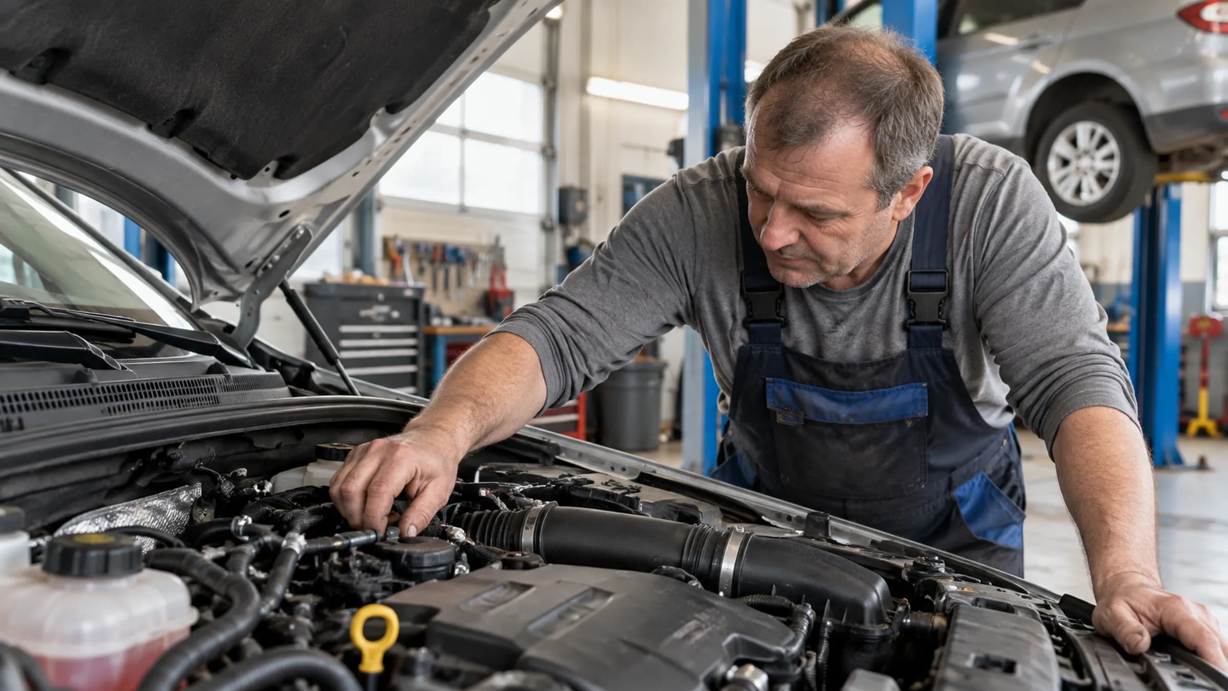 A mechanic checking a car engine with the hood open