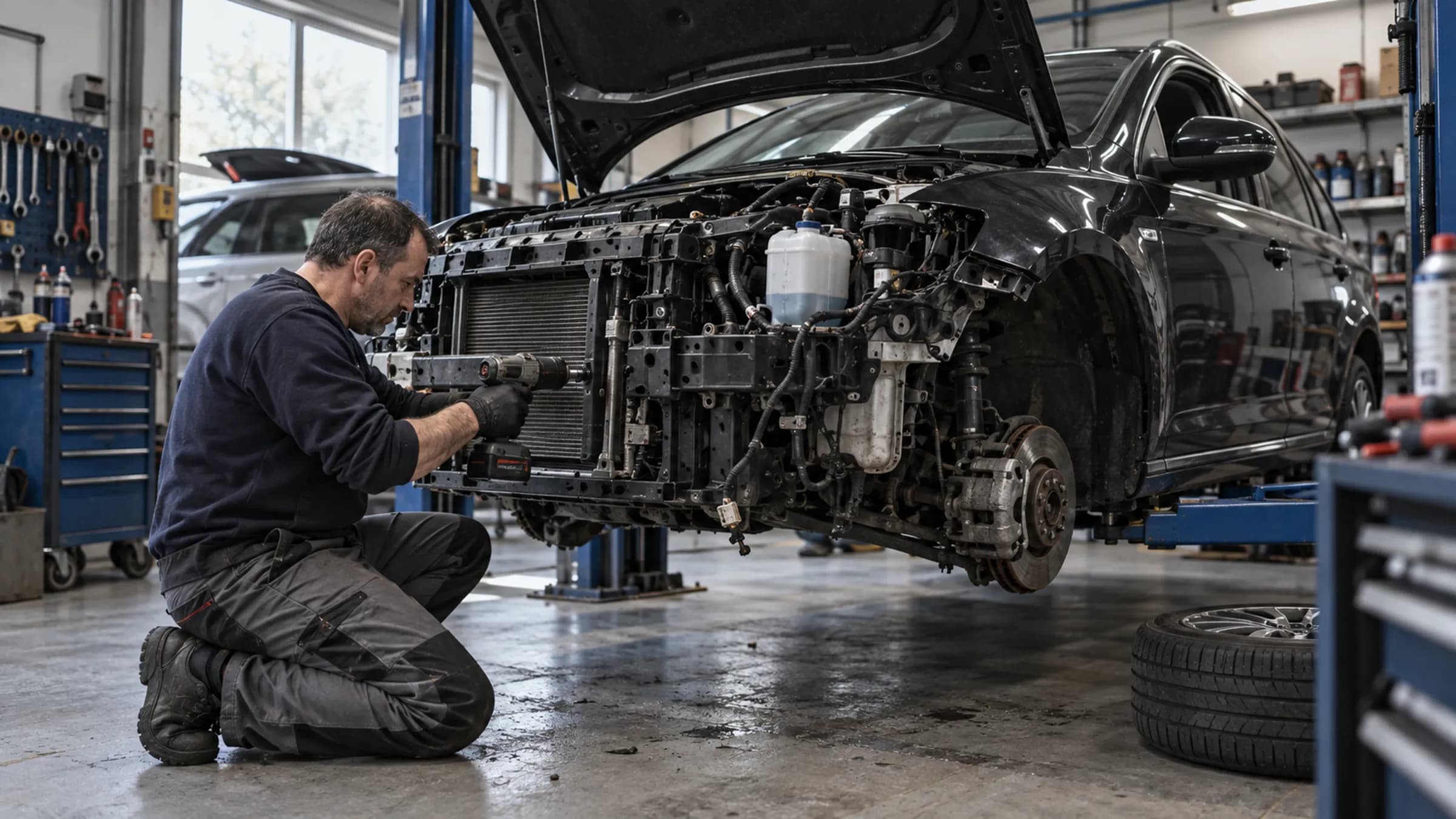 A mechanic working on the dismantled front end of a car