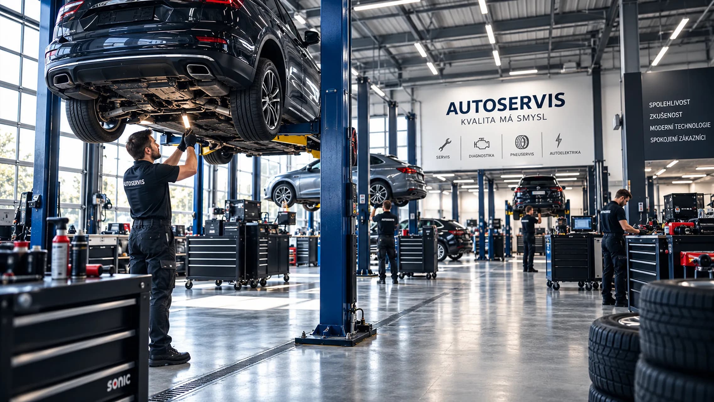 A spacious shop with a car on a lift