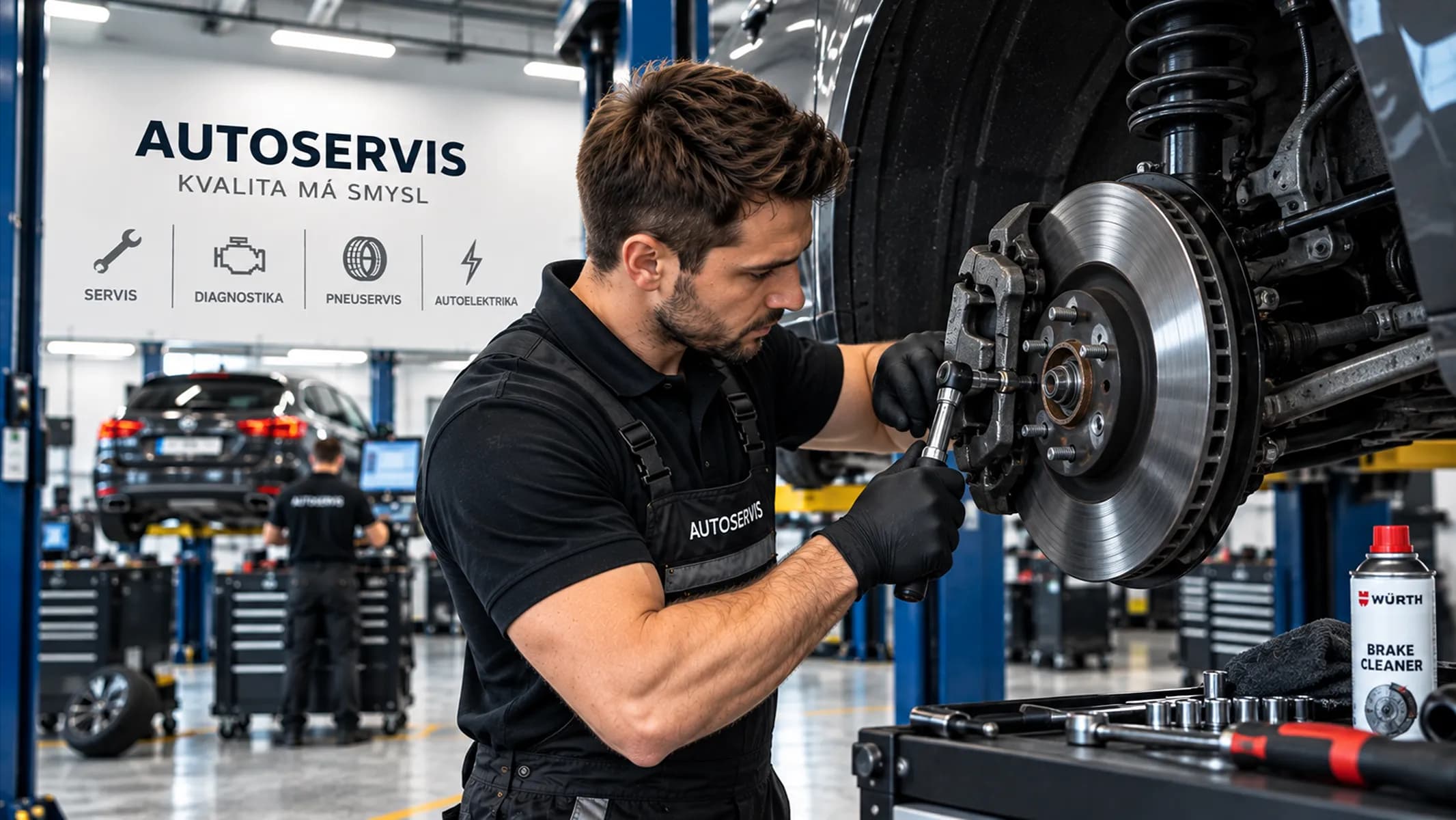 A mechanic replacing a brake rotor and caliper