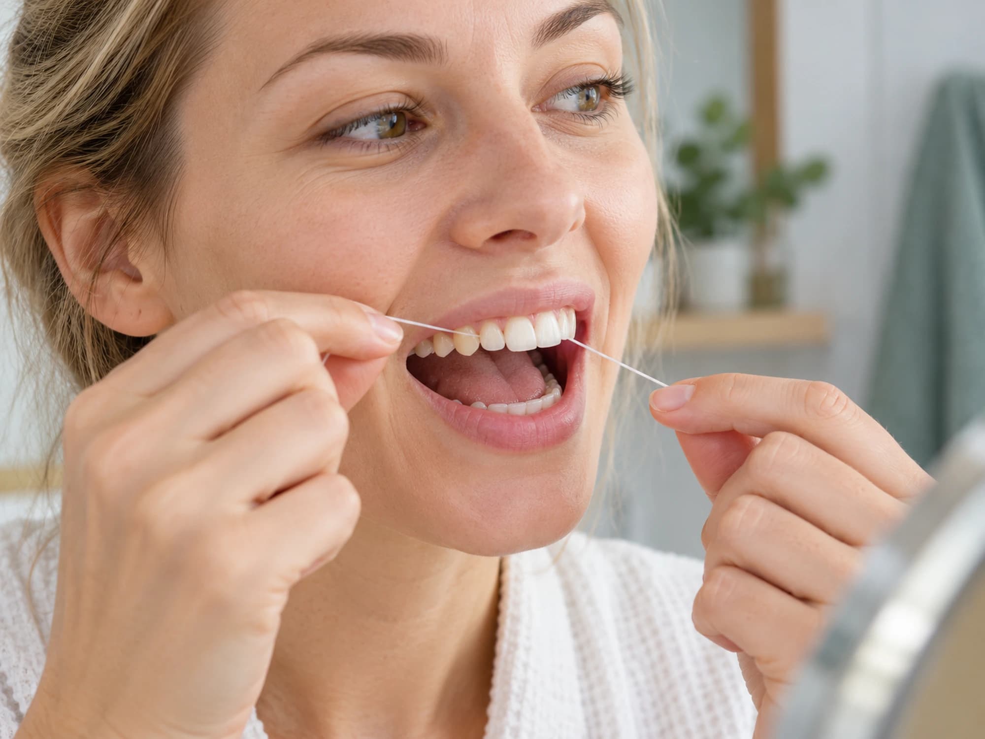 A close-up of using dental floss