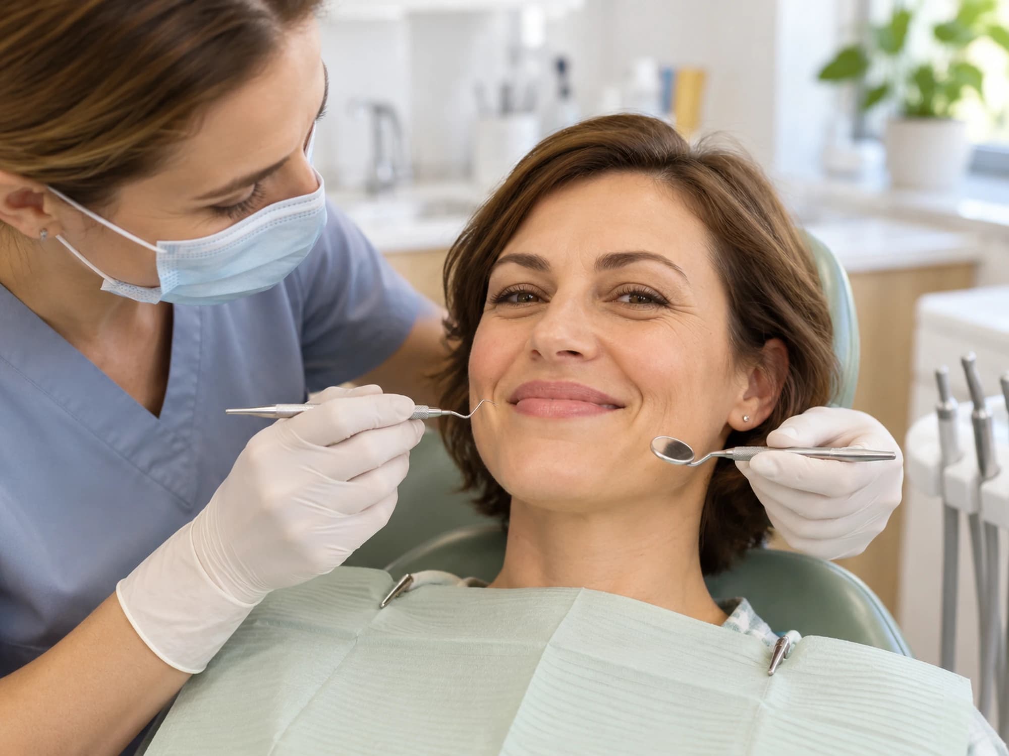A hygienist checking a smiling client's teeth