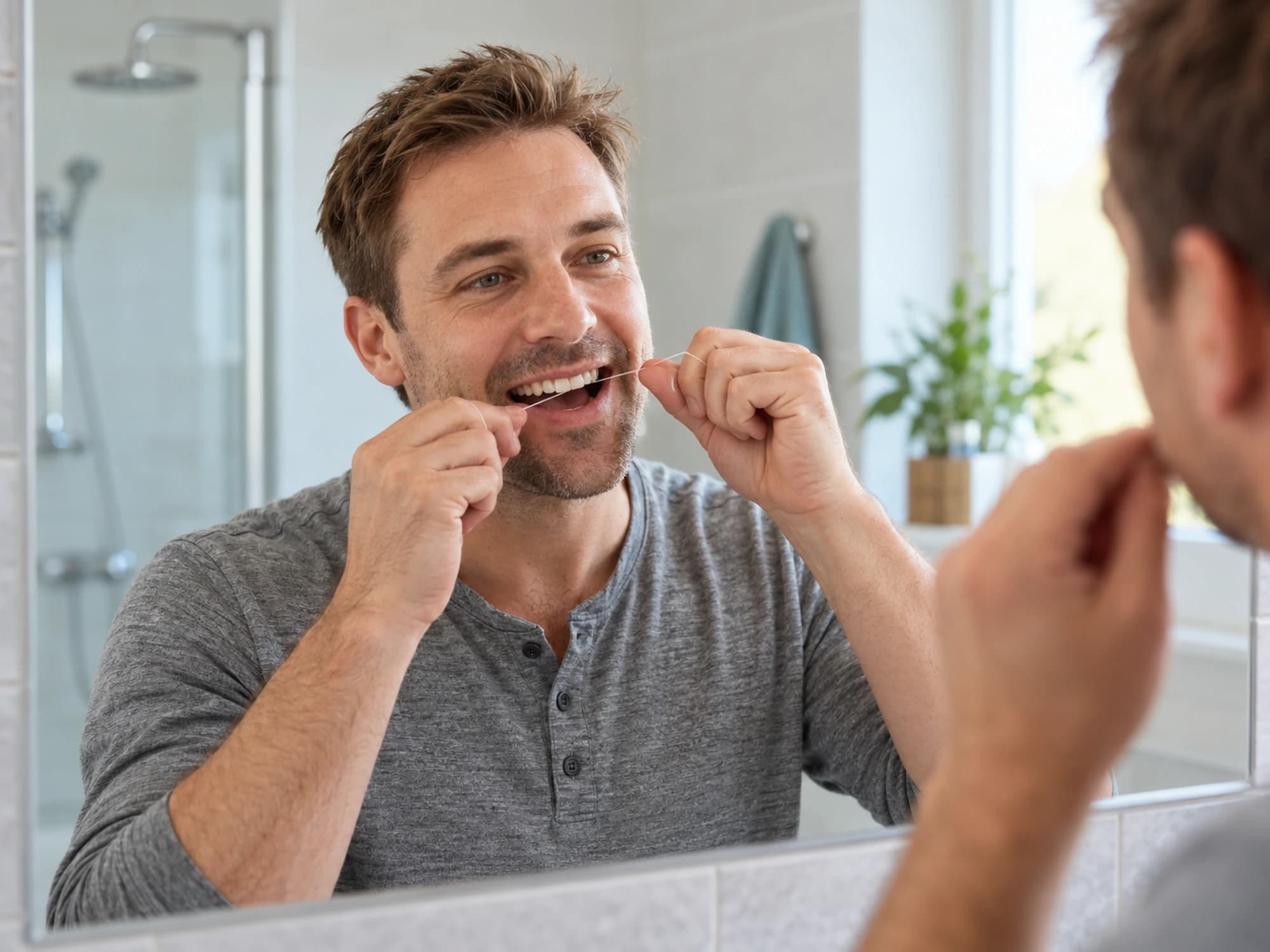 A man flossing his teeth in front of a mirror