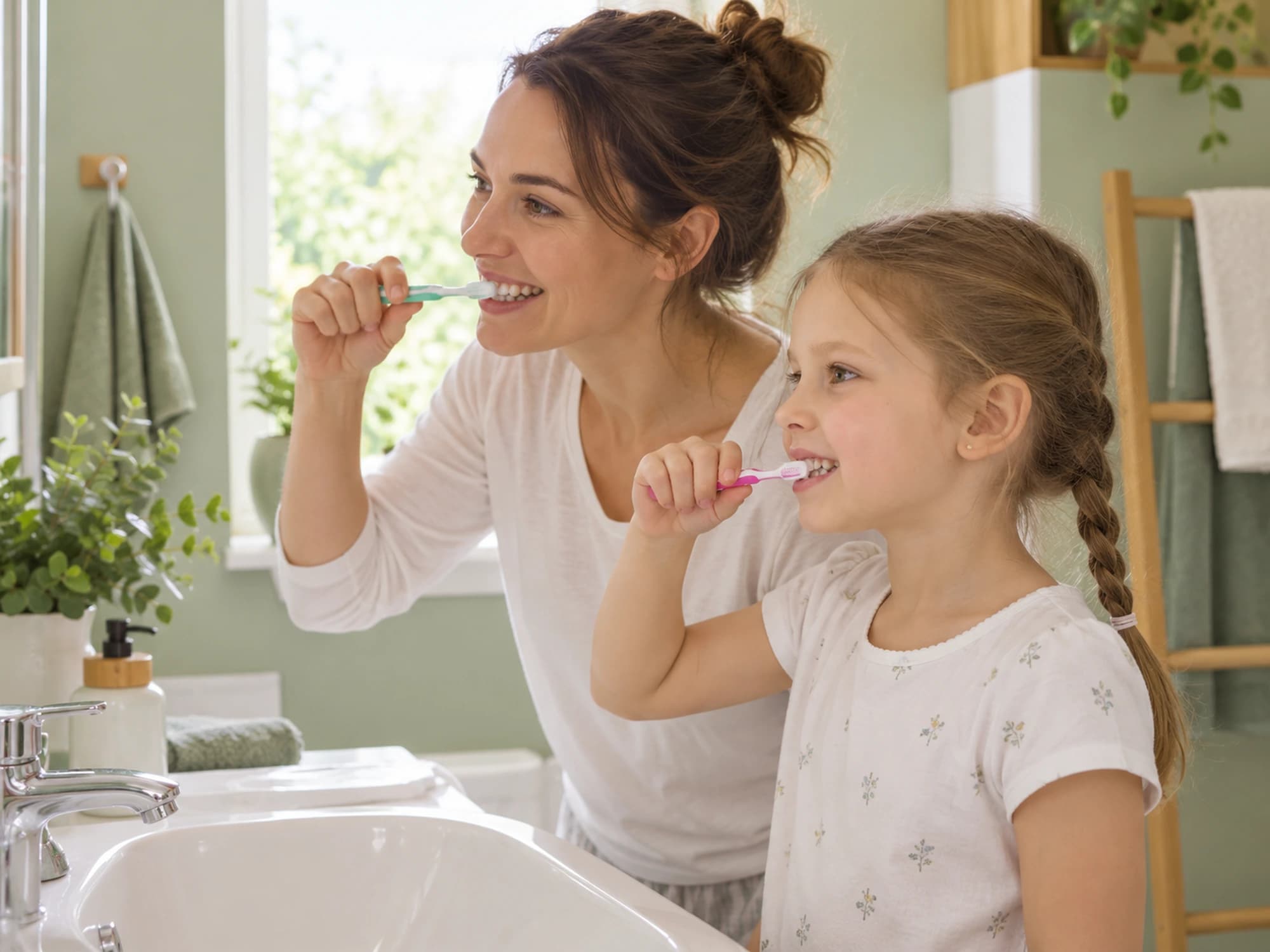A mother and daughter brushing their teeth together