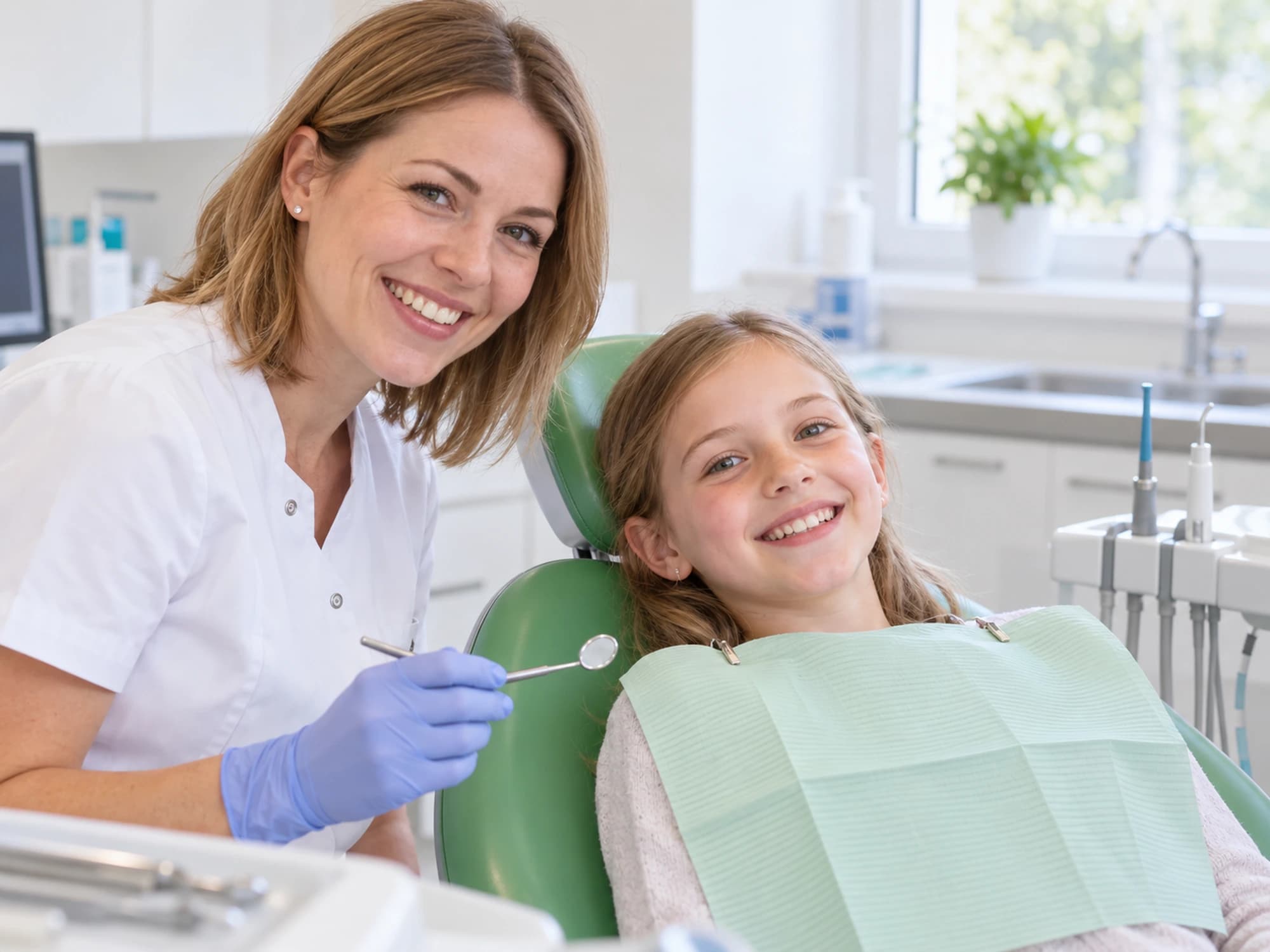 A smiling hygienist with a girl in the chair