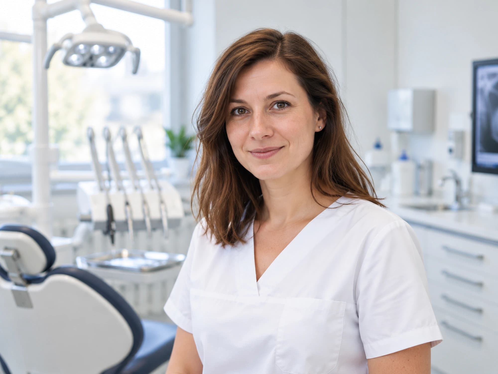 A hygienist in a white uniform in the practice
