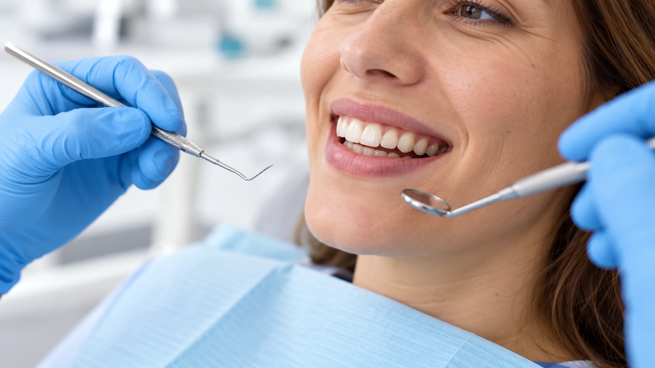 A smiling client during a treatment with a hygienist