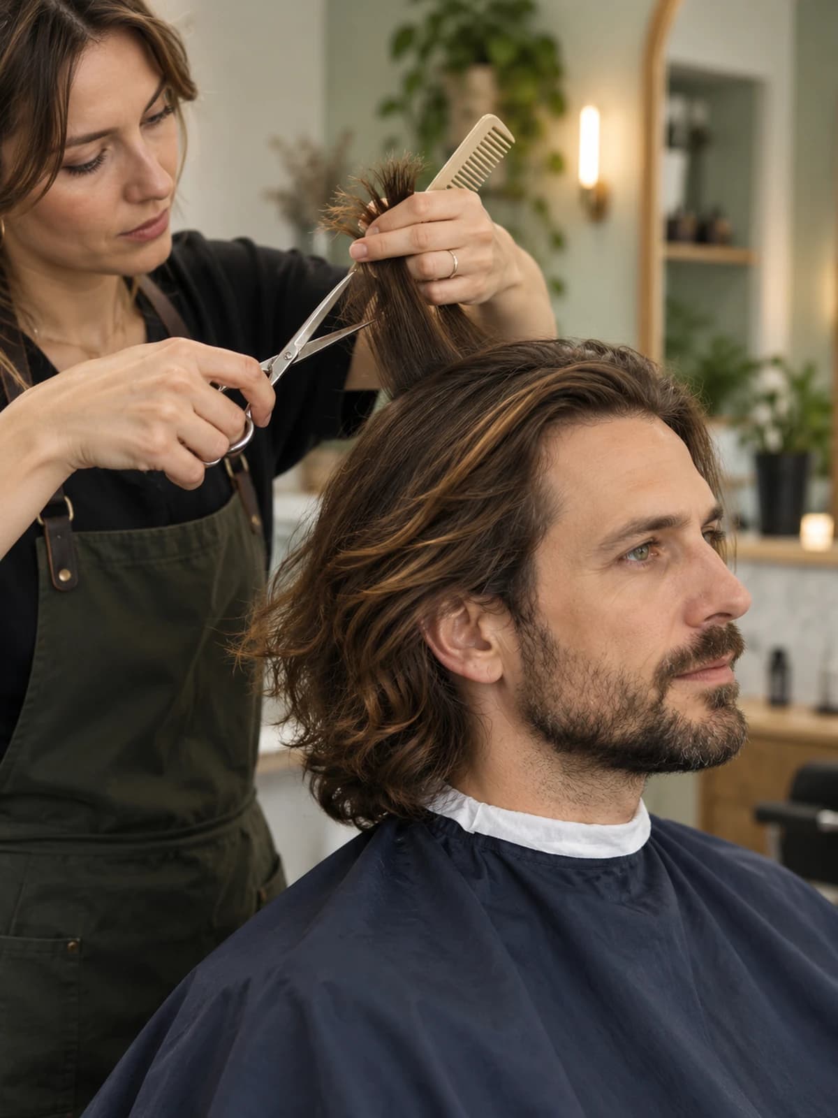 A long haircut on a man with a full beard