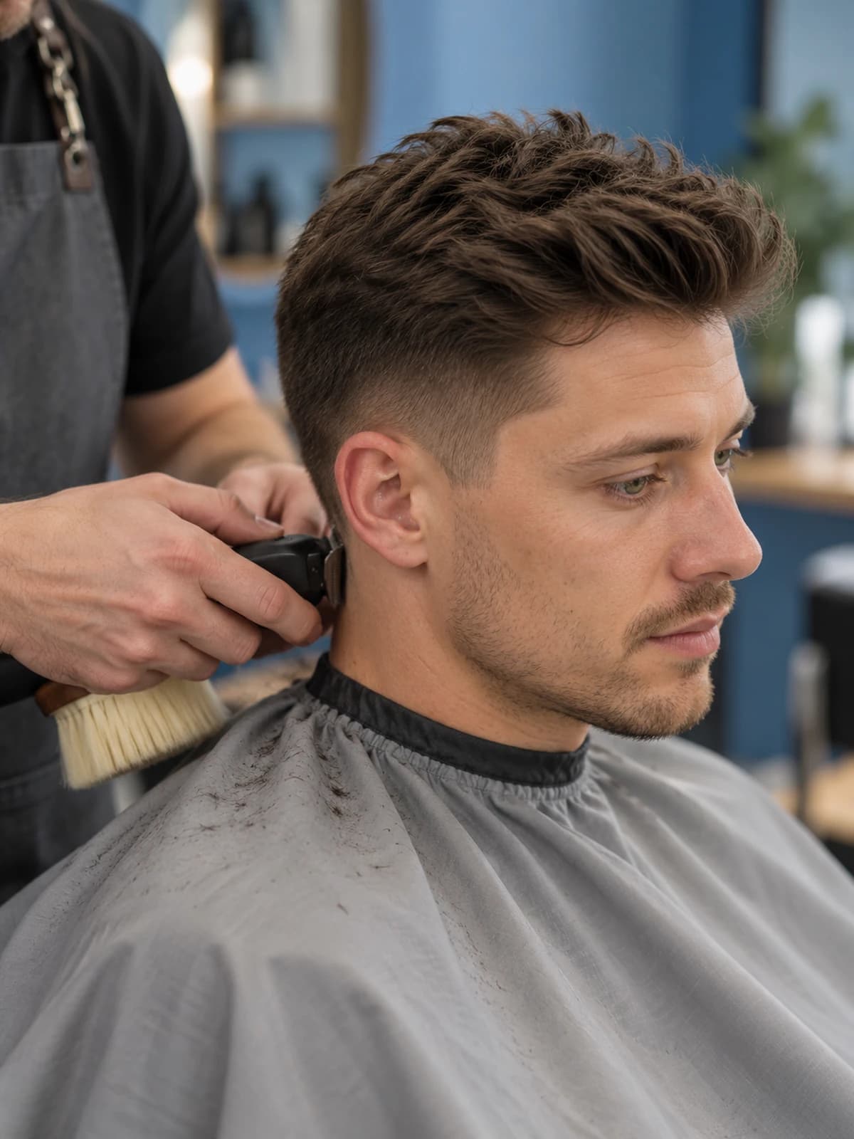 Tidying the neckline with a hair brush