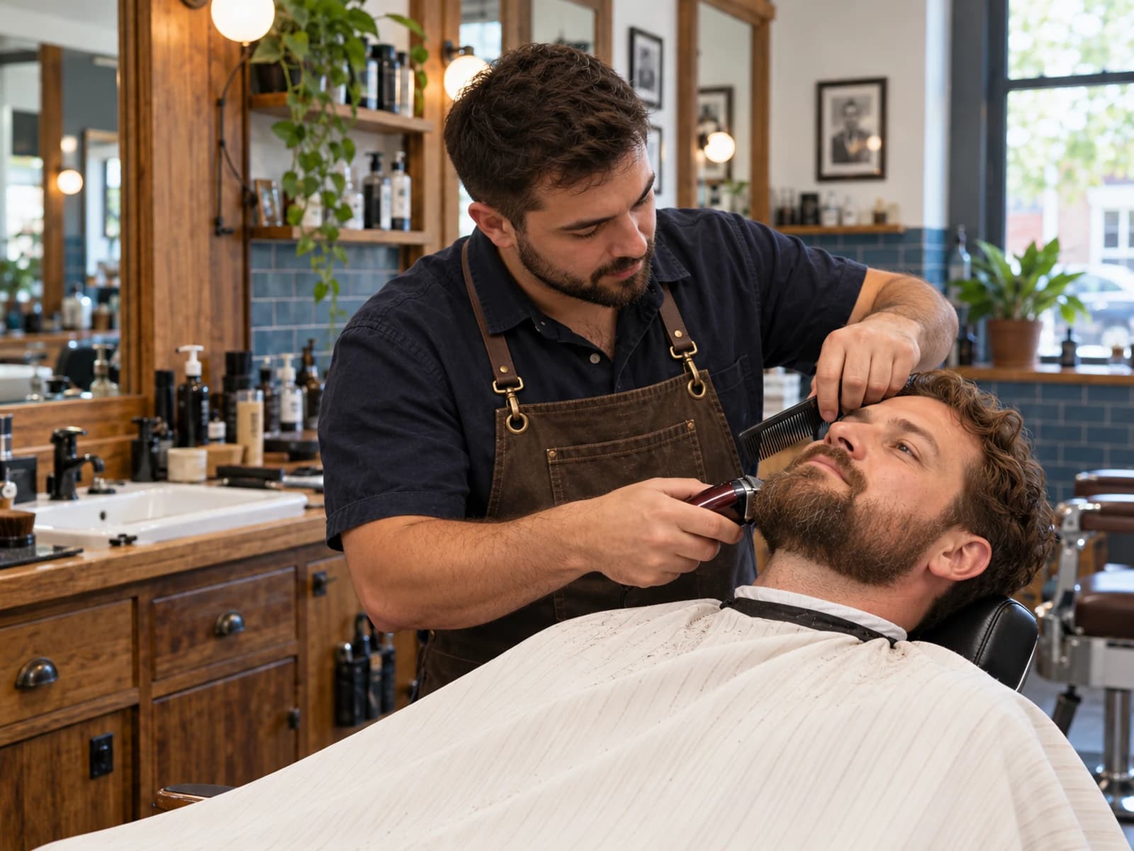 A barber trimming a client's beard