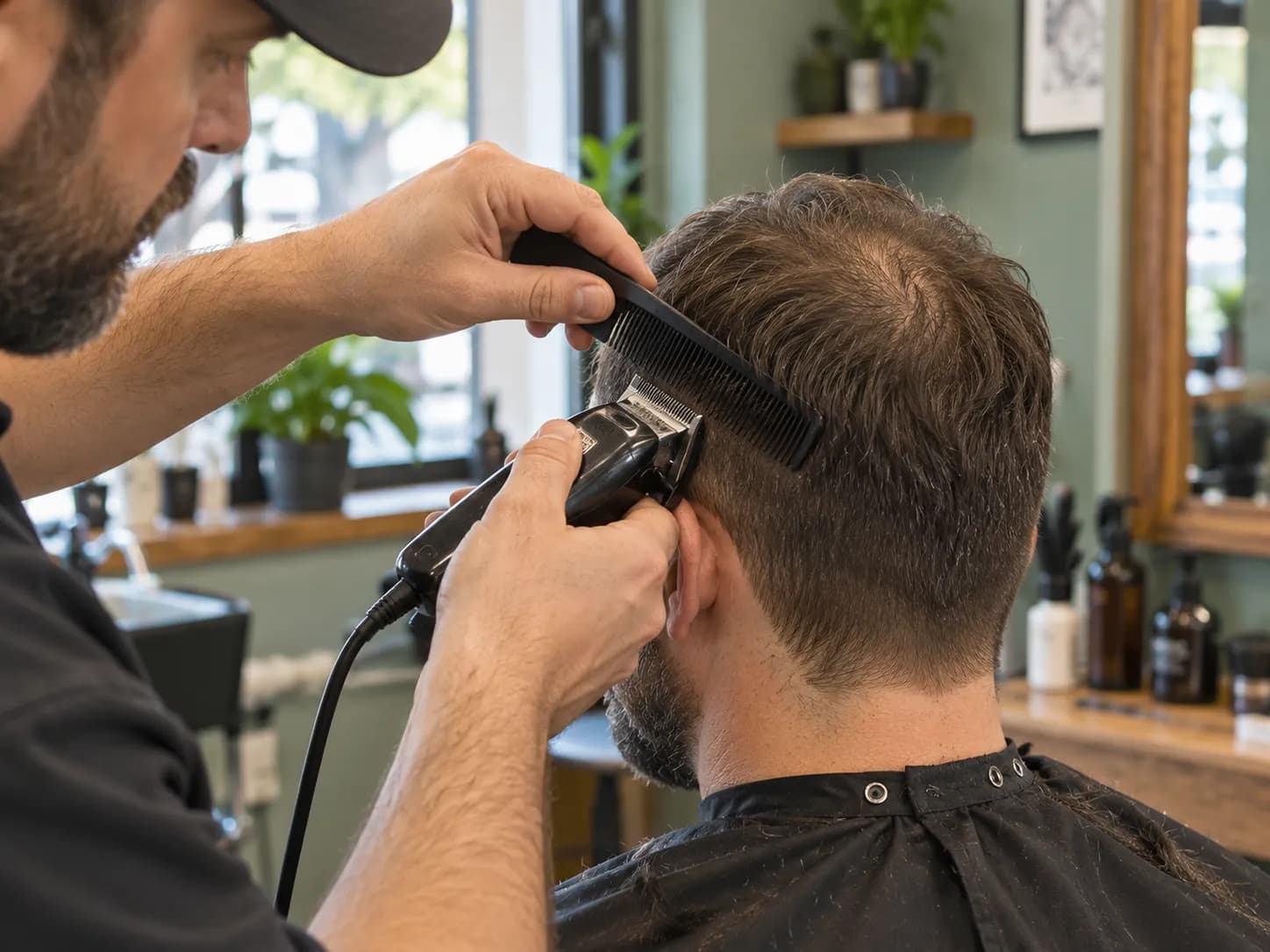 Cutting hair with a clipper from behind