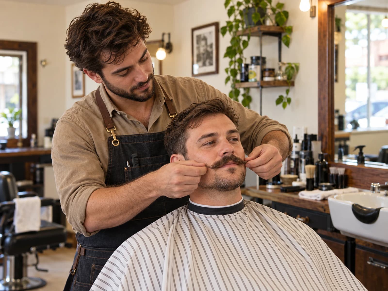Trimming a mustache on a client in a barber chair