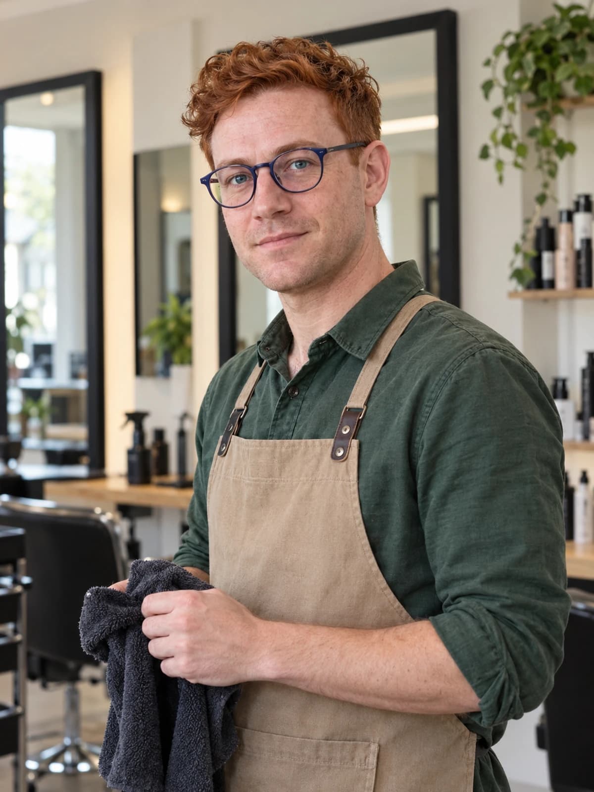 A redhead barber with glasses and a towel in his hand