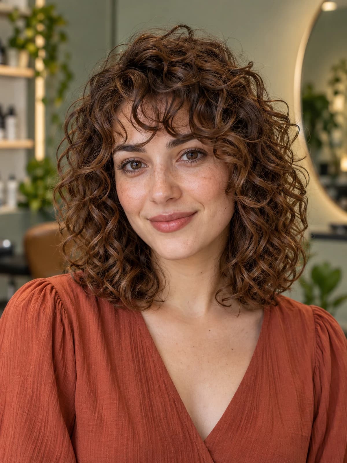 Brown curly hair with bangs