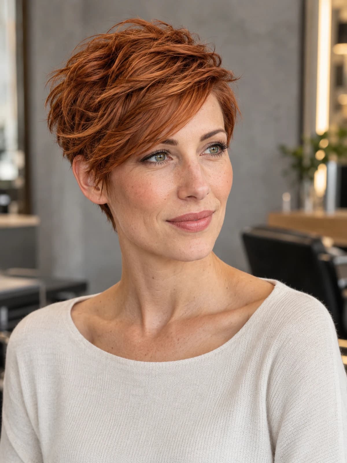 A copper pixie cut with a longer top