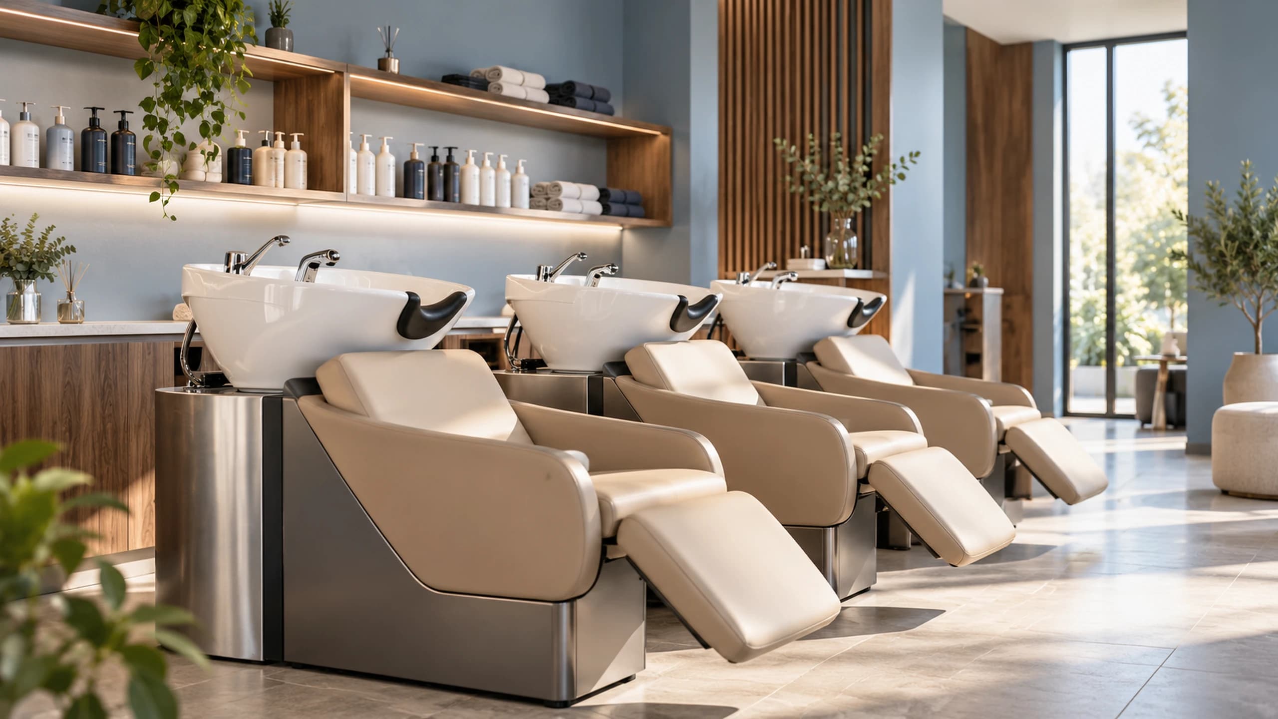 Shampoo stations with reclining chairs in a bright salon