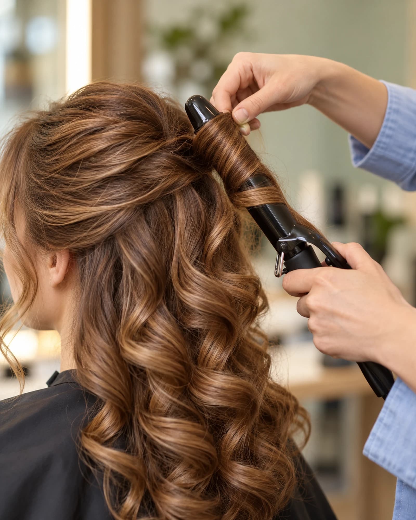 Curling long waves with a curling iron from behind