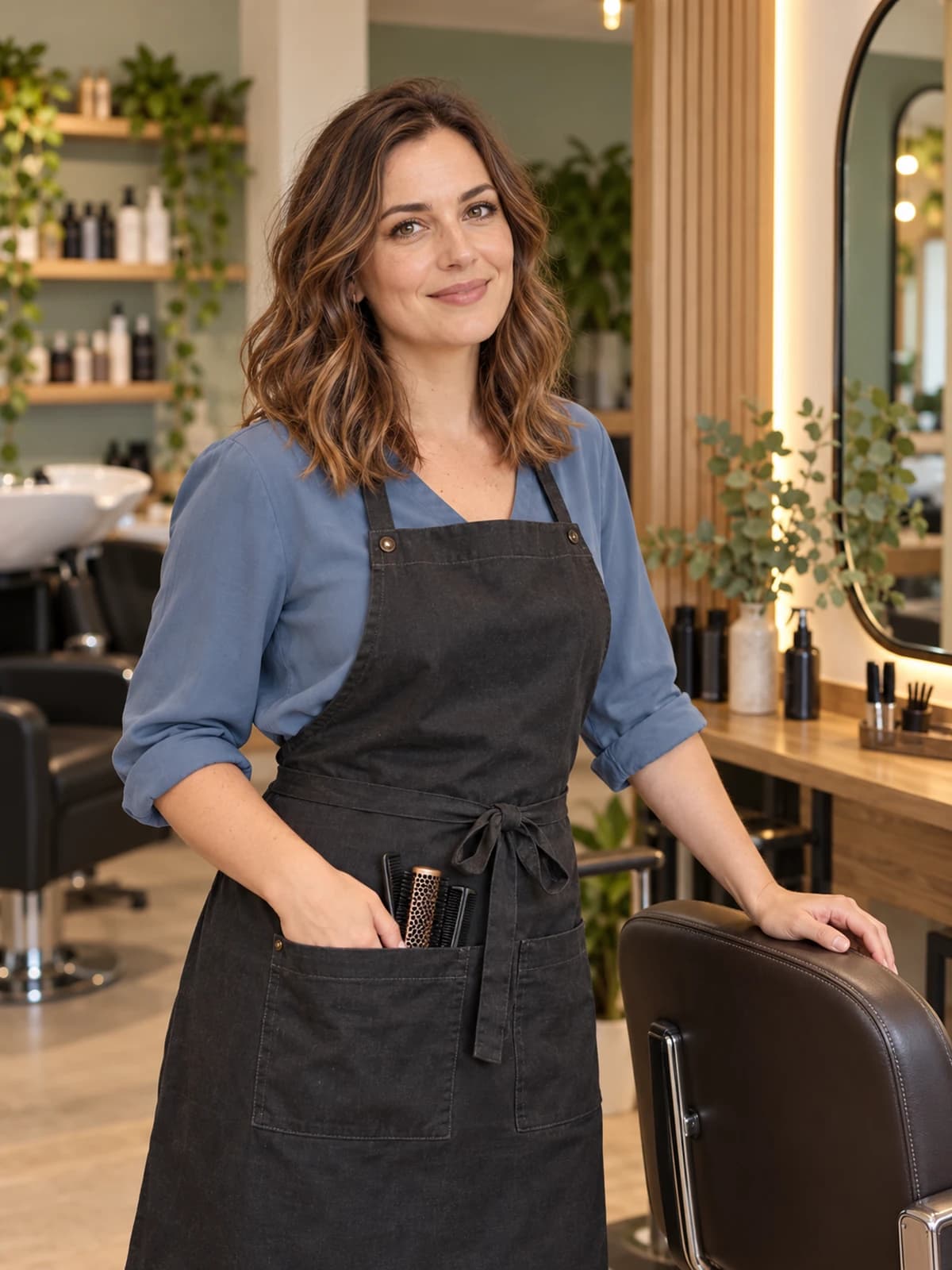 A stylist in a denim apron next to a chair
