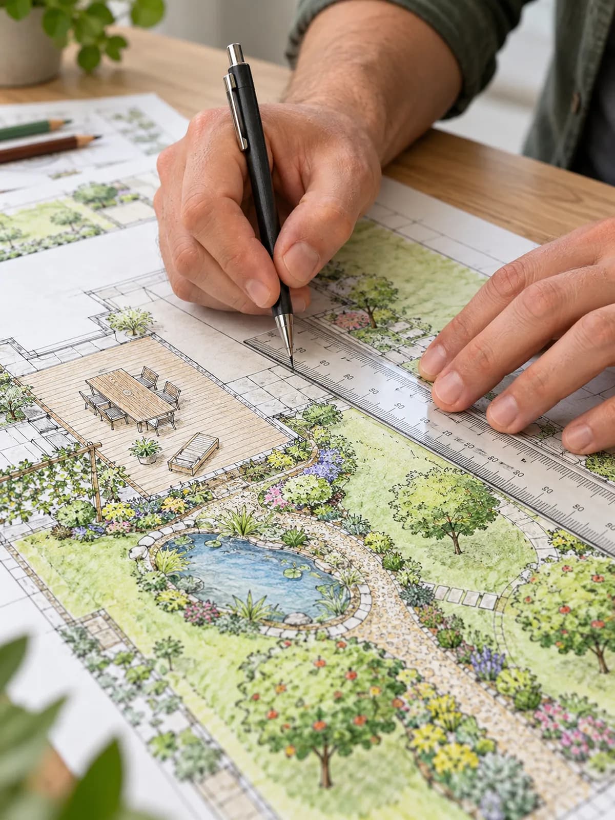 Drawing a garden plan with a pond and a terrace using a ruler and a pen