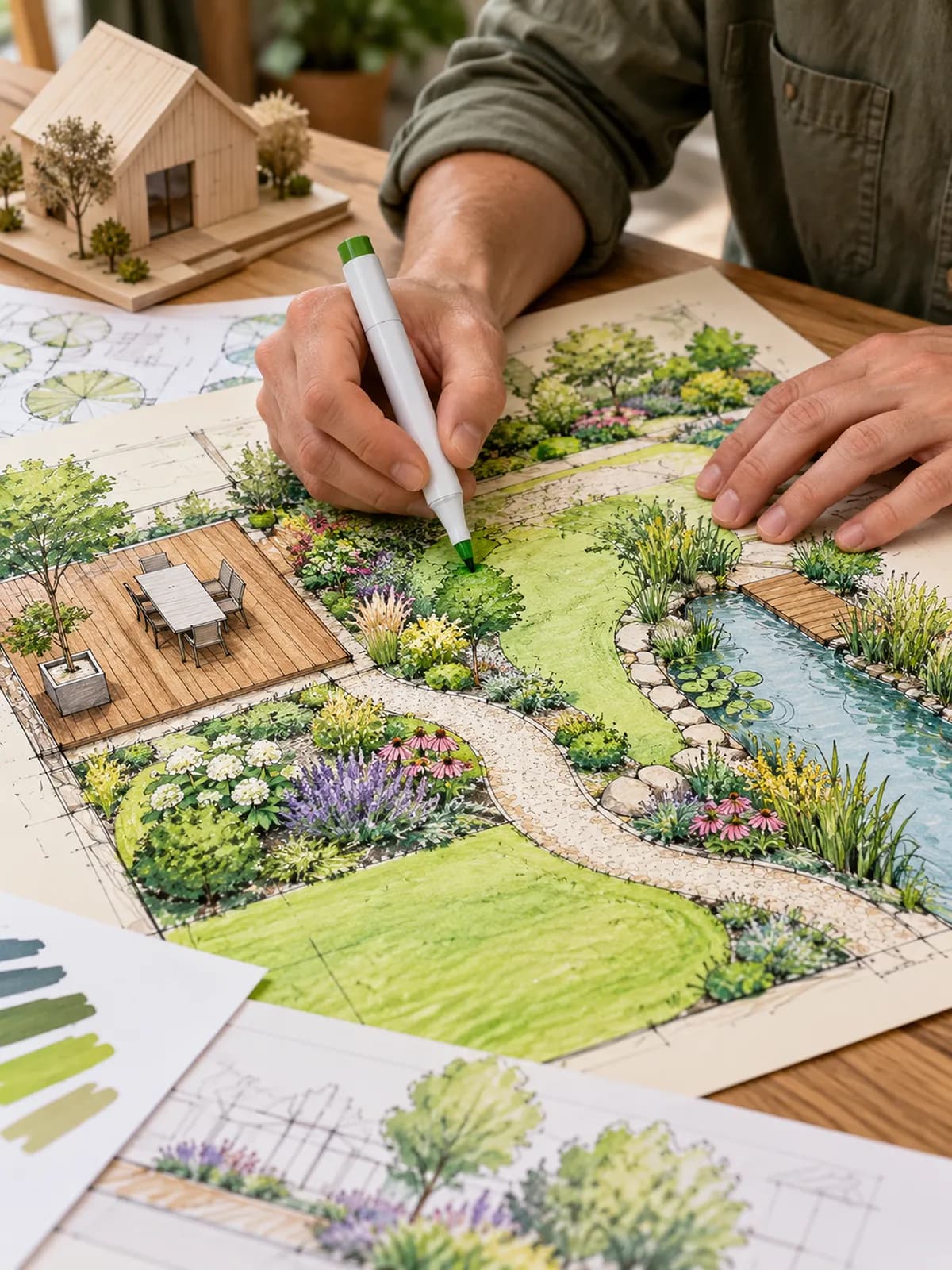 A hand-drawn visualization of a garden with a terrace, a gravel path and a stream