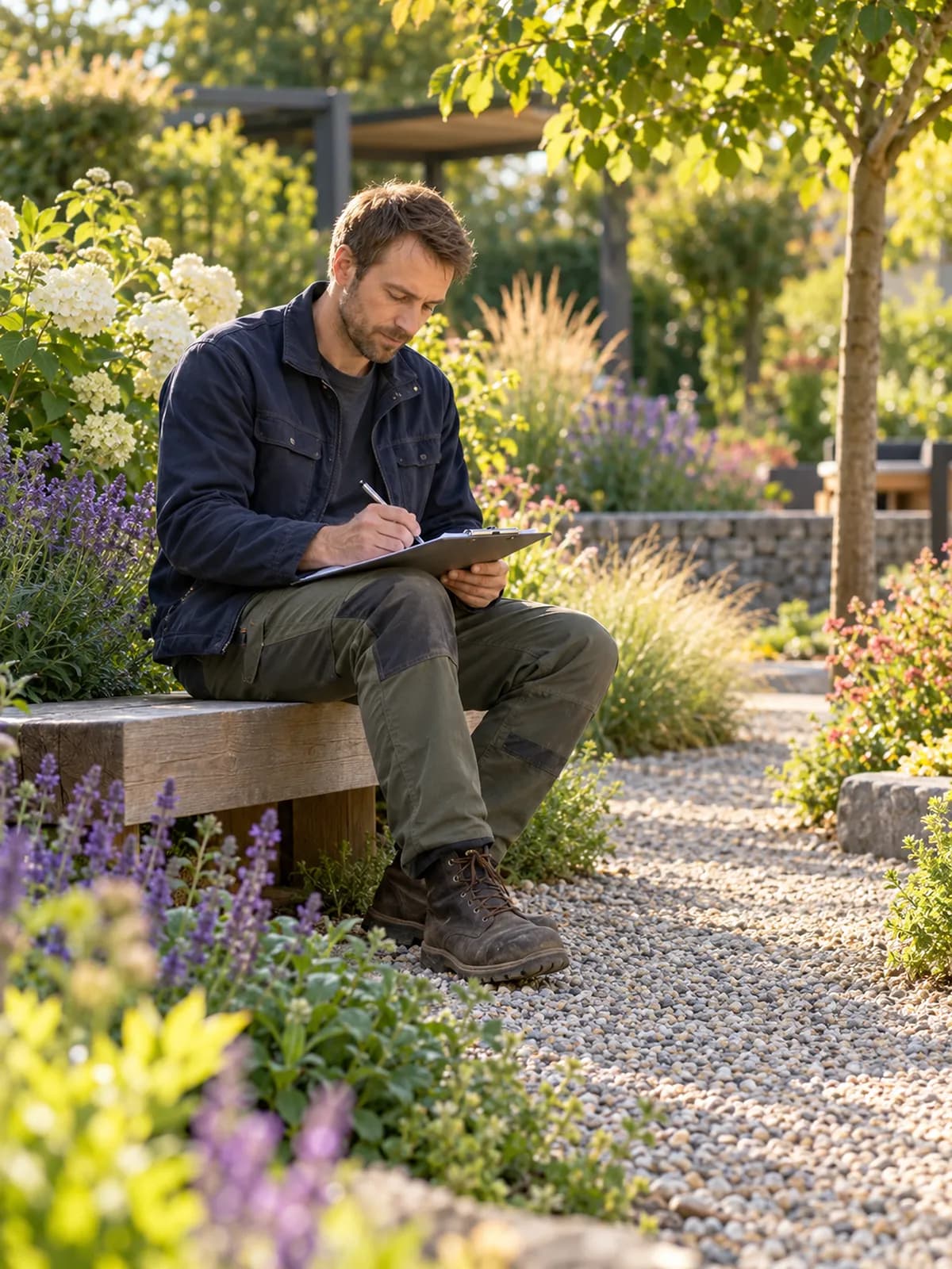 A man sitting in a garden sketching ideas on a tablet