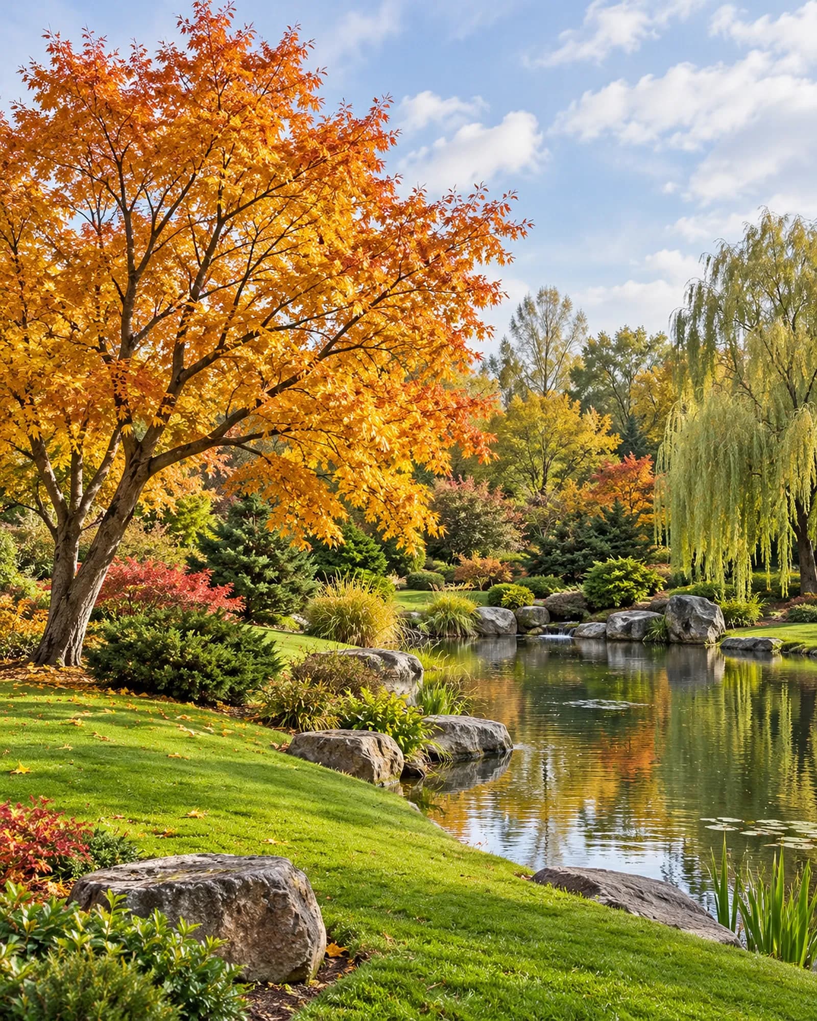 An autumn maple next to a garden pond with rocks and a lawn