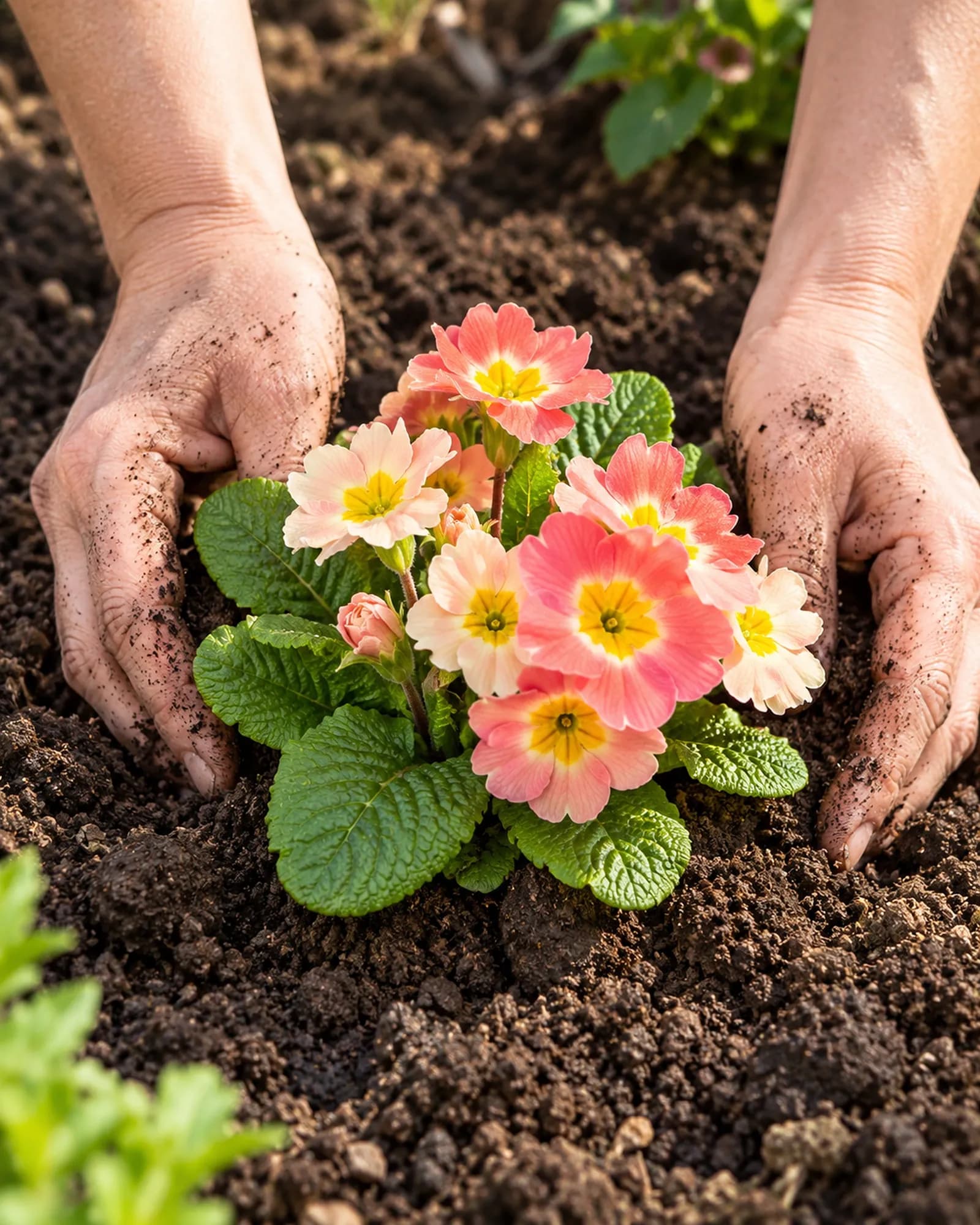 Hands planting a pink primrose in dark soil