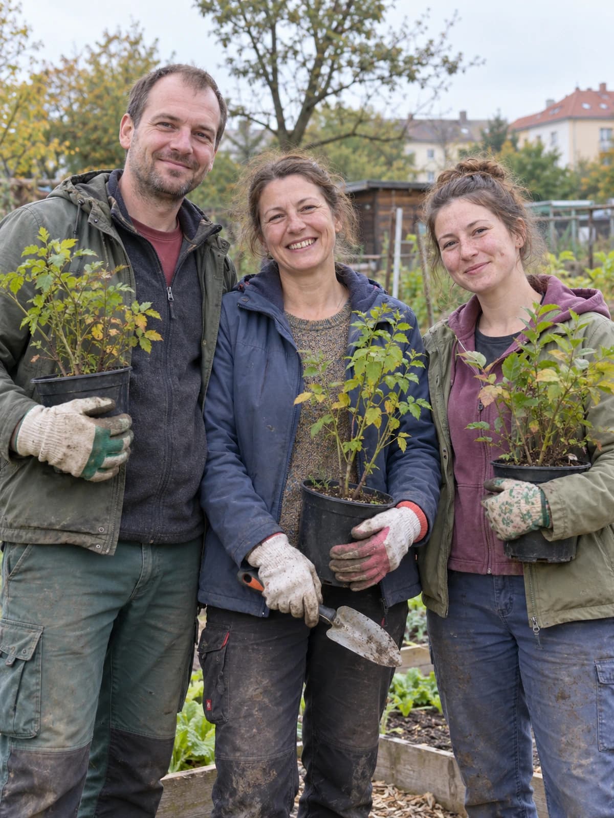 Three people holding seedlings in a vegetable garden