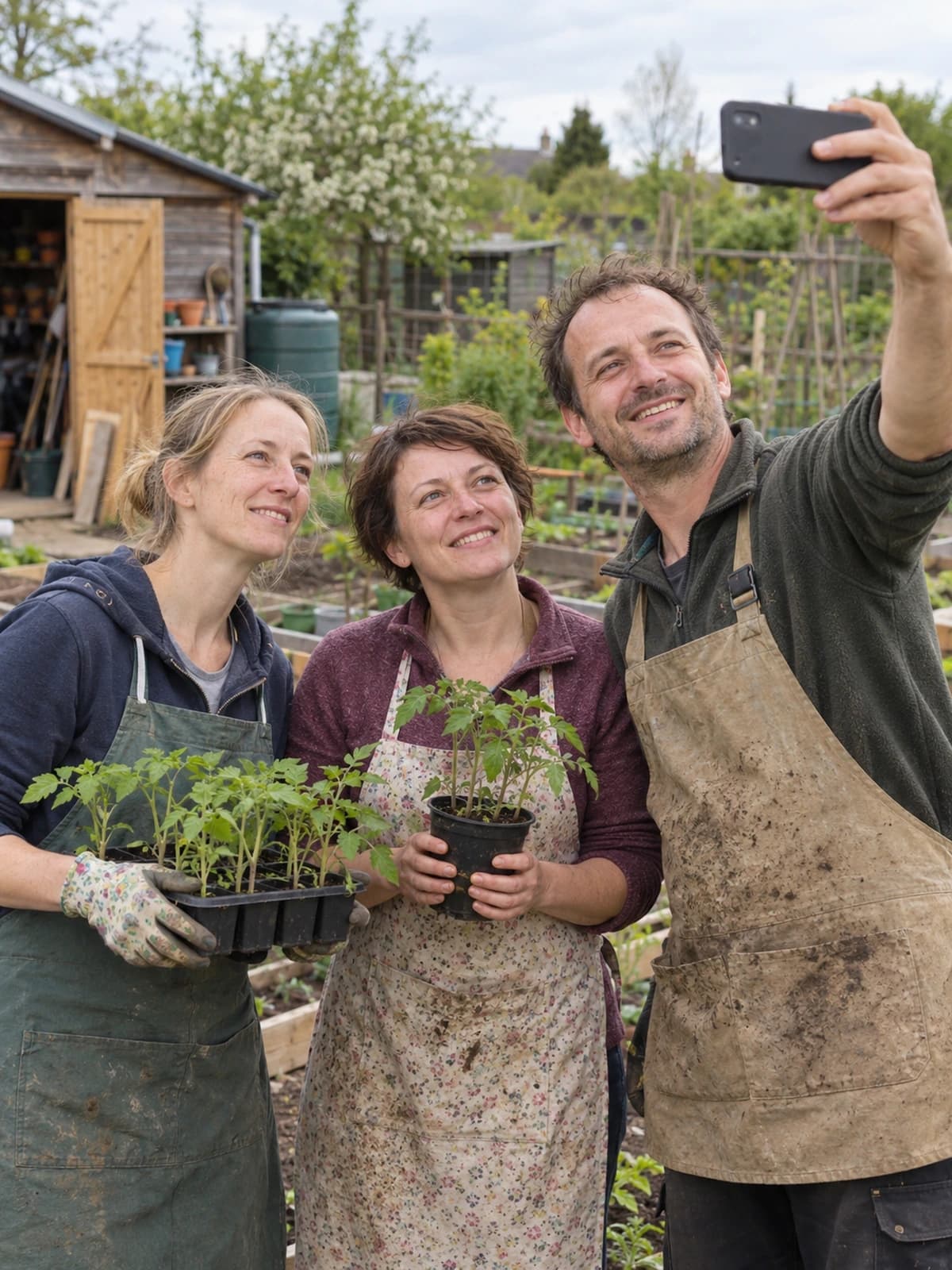 Three team members in a community garden holding seedlings and posing for a photo