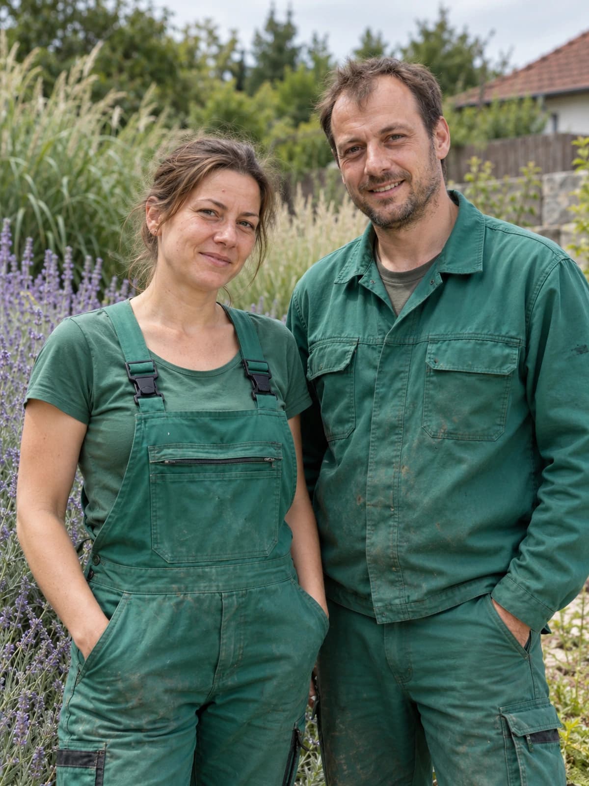 Two gardeners in green overalls in front of a lavender bed
