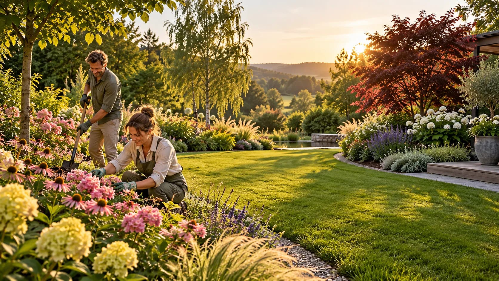 A flowering border and a mown lawn, with two gardeners working in the garden