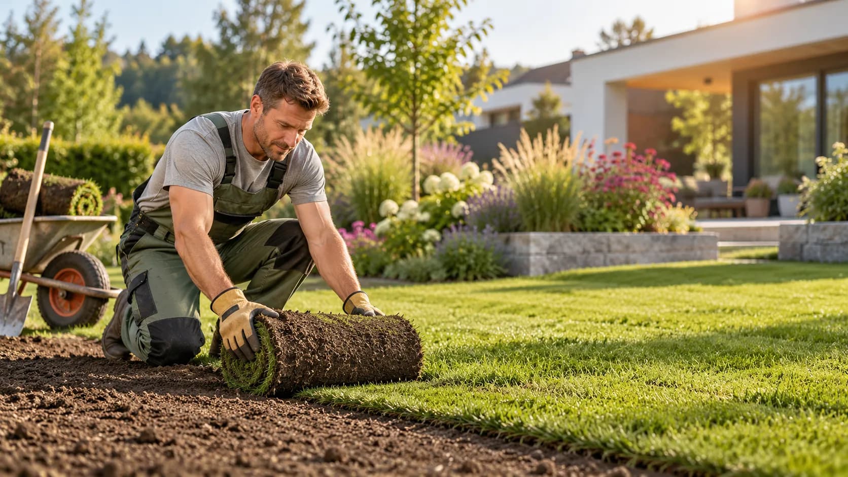 A gardener unrolling a roll of sod onto prepared soil