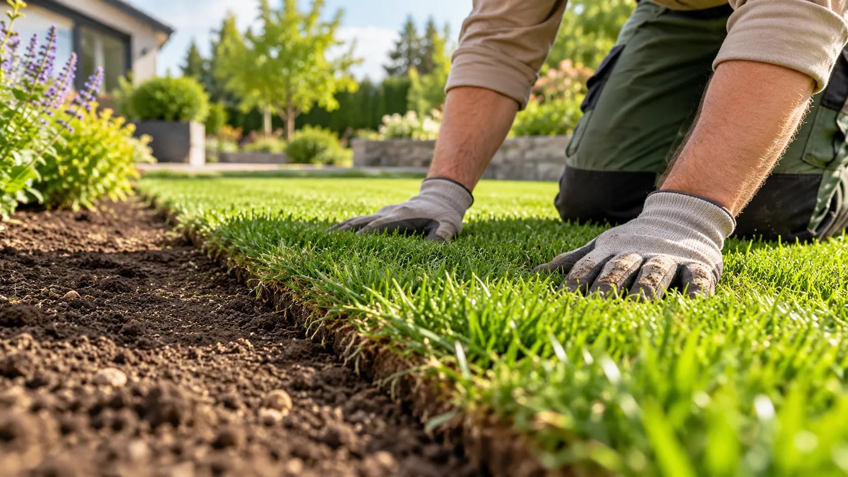 Gloved hands laying fresh sod on prepared soil