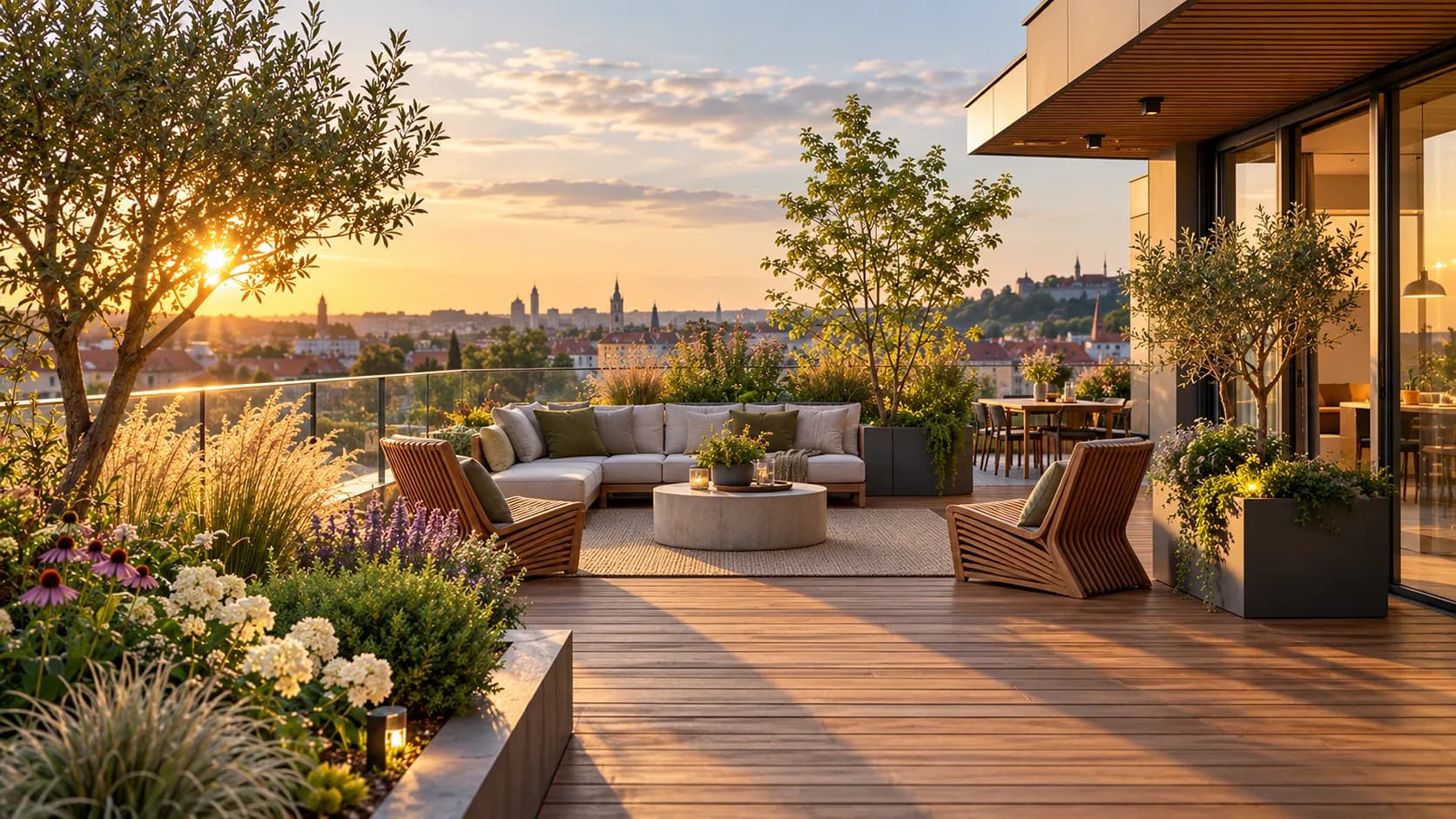 A rooftop terrace with a wooden deck, seating and greenery at sunset