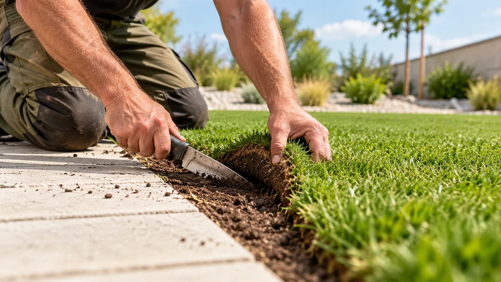 Trimming the edge of freshly laid sod next to paving