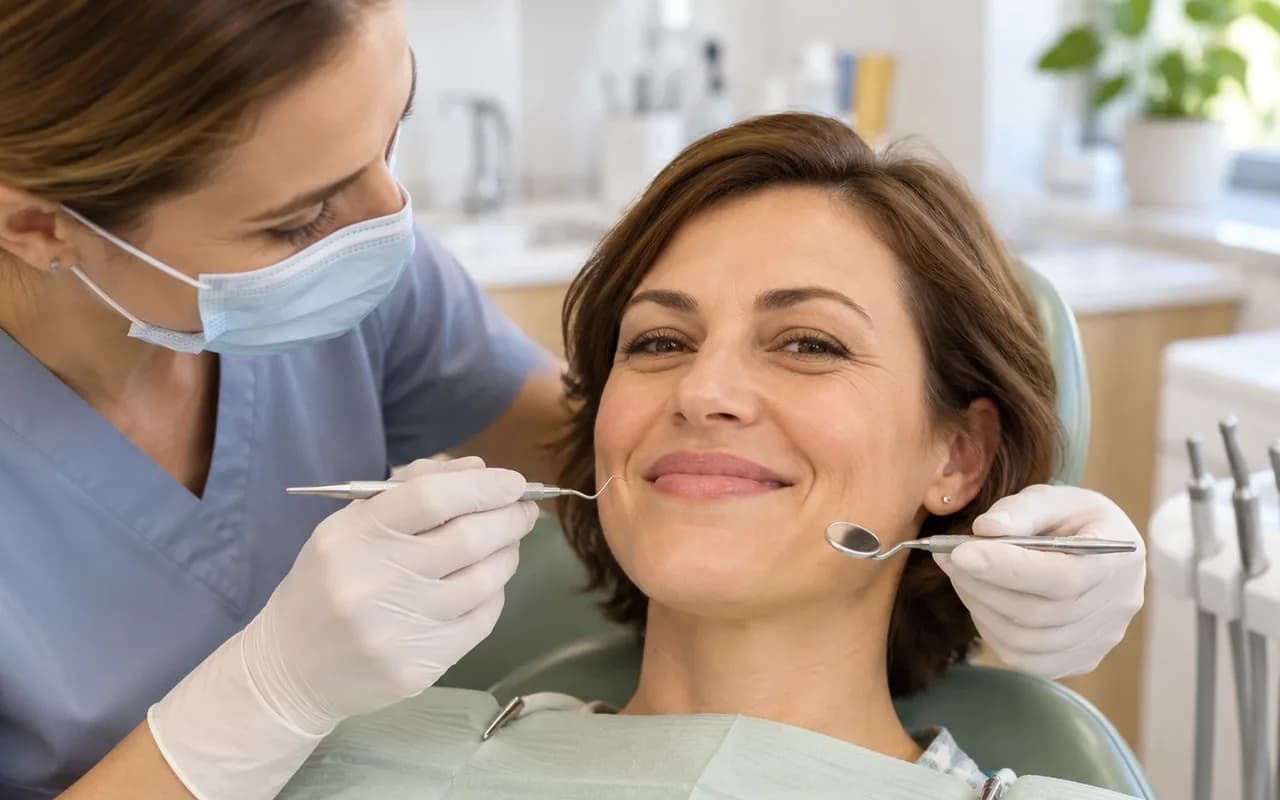 A hygienist checking a smiling client's teeth