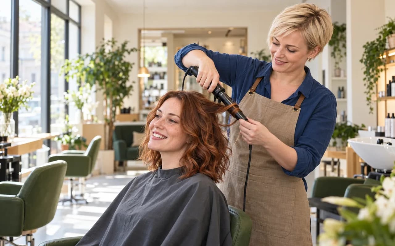 A stylist curling a smiling client's hair in a bright hair salon