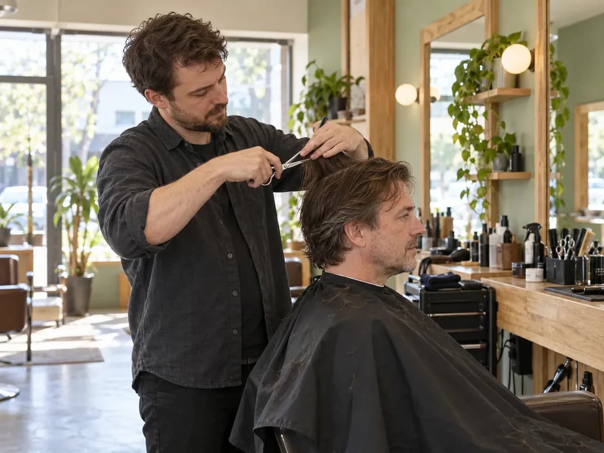 A barber cutting a client's hair with scissors in a bright barbershop