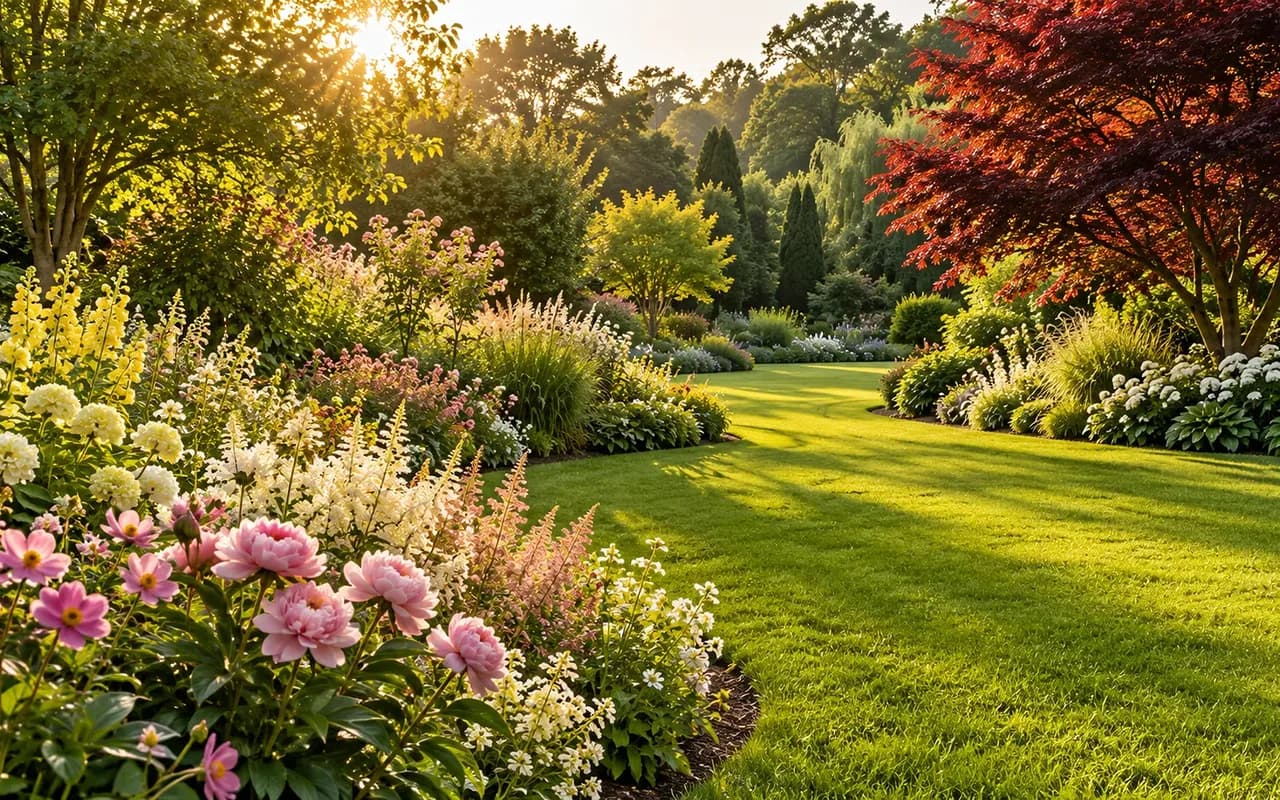 A garden with peonies, a lawn and a maple tree in afternoon light