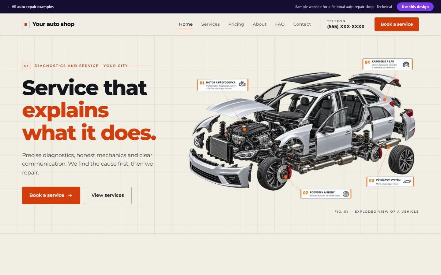 Preview of the auto repair sample website, Technical design