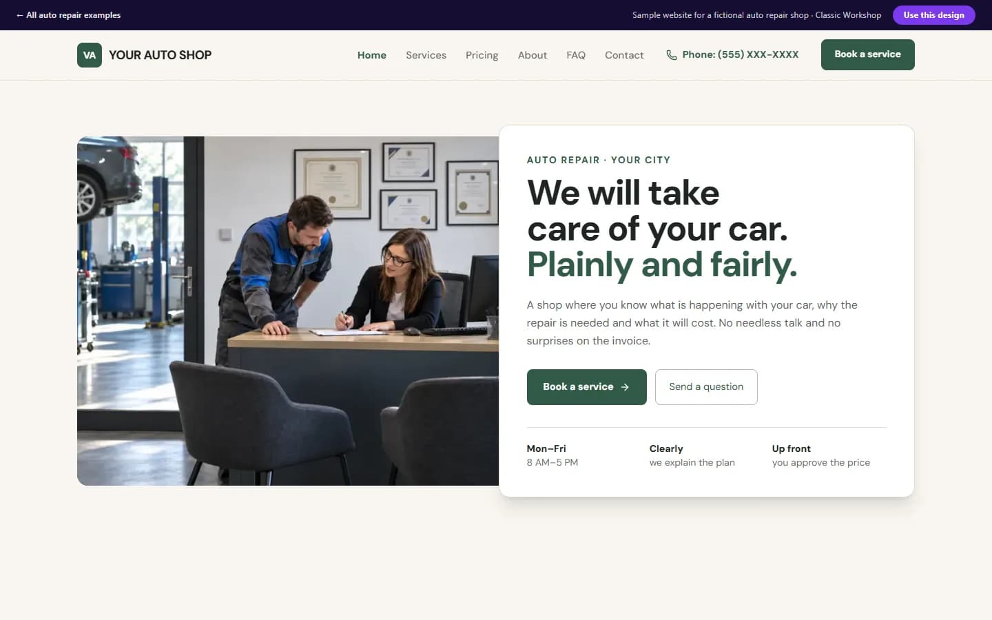 Preview of the auto repair sample website, Classic Workshop design