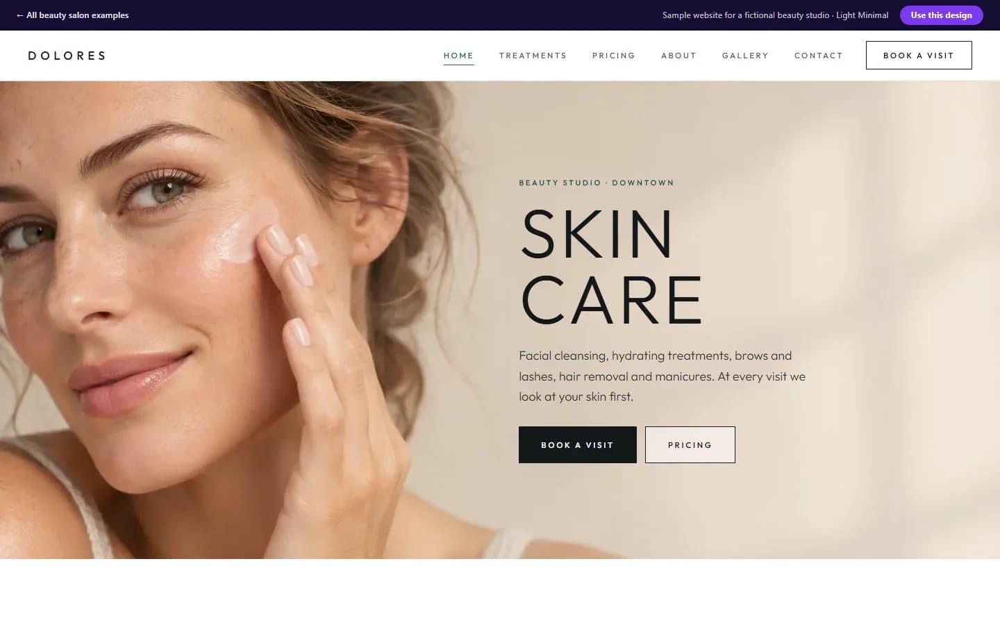 Preview of the beauty salon sample website, Light Minimal design