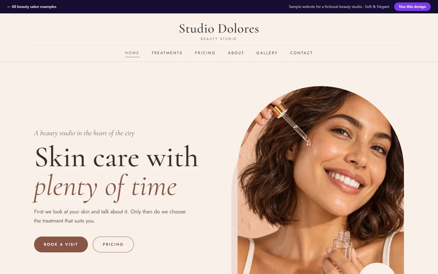 Preview of the beauty salon sample website, Soft & Elegant design