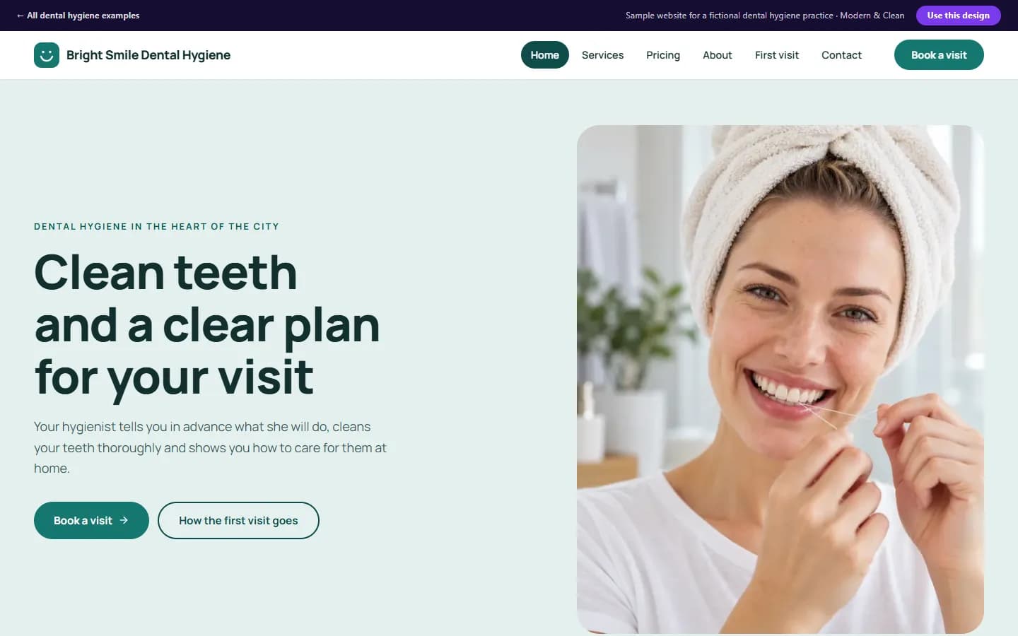 Preview of the dental hygiene sample website, Modern & Clean design