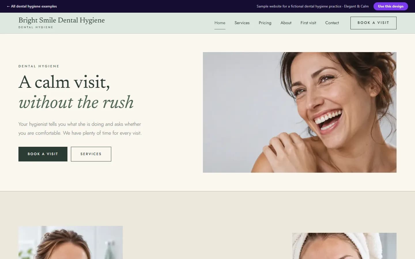 Preview of the dental hygiene sample website, Elegant & Calm design